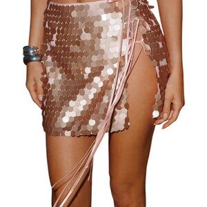 Anthropologie Flat White Pink Quartz Sequin Large Mini Skirt Slit Side Tie Detai